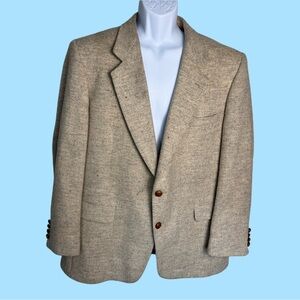 Vintage L’Uomo Textured Herringbone Tweed Beige Suit Jacket Coat 46R Made In USA